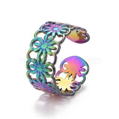 Rainbow Color Ion Plating(IP) 304 Stainless Steel Sunflower Open Cuff Ring for Women(RJEW-A005-42MC)-2