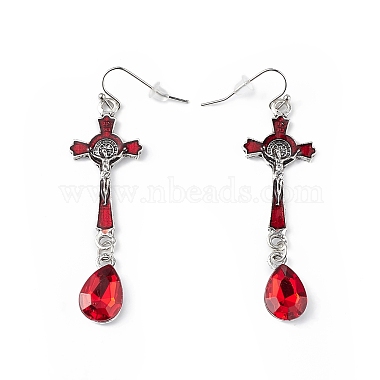 FireBrick Enamel Crucifix Cross with Plastic Teardrop Pendant Necklace & Dangle Earrings(SJEW-G081-02AS)-6