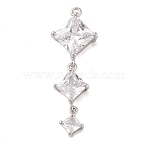 Brass Inlay Clear Glass Pendants, Rhombus, Real Platinum Plated, 36x12.5x6mm, Hole: 1.2mm(KK-S388-08P)