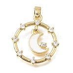 Brass Micro Pave Clear Cubic Zirconia Pendants, with White Enamel, Flat Round with Moon Charms, Rack Plating, Long-Lasting Plated, Cadmium Free & Lead Free, Golden, 21x18.5x3mm, Hole: 4x2.5mm(KK-C263-16G)