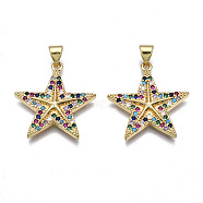 Brass Micro Pave Cubic Zirconia Pendants, Real 16K Gold Plated, Nickel free, Star, Colorful, 24x23x3mm, Hole: 3x5mm(ZIRC-N039-158B-NF)