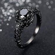 Flat Round Brass Jet Rhinestone Finger Rings, Black, US Size 6(16.5mm)(FS-WG232E0-01)