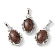 Natural Mahogany Obsidian Oval Pendants, Platinum Tone Brass Micro Pave Clear Cubic Zirconia Flower Charms, Long-Lasting Plated, Lead Free & Cadmium Free, 30x19x10mm, Hole: 7.8x5mm(G-NH0025-15P-22)