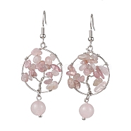 Natural Rose Quartz Dangle Earrings, with Brass Earring Hooks, Tree of Life, 57x23.5mm(EJEW-JE05747-02)