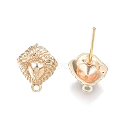 Brass Stud Earring Findings, with Horizontal Loops, Lion Head Shape, Nickel Free, Real 18K Gold Plated, 12x10mm, Hole: 1mm, Pin: 0.8mm(KK-T062-243G)