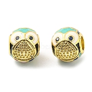 Rack Plating Brass Micro Pave Cubic Zirconia European Beads, with Enamel, Large Hole Beads, Lead Free & Cadmium Free, Owl, Real 18K Gold Plated, 10.5x9.5mm, Hole: 4.2mm(KK-M247-15G)