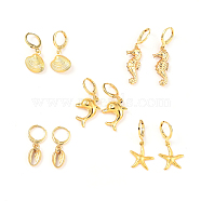 Ocean Theme Brass Huggie Hoop Earring Sets, with 304 Stainless Steel Pendants, Dolphin & Shell Shape & Sea Horse & Starfish, Golden, 27~39.5mm, Pin: 0.7mm, 5pairs/set(EJEW-JE04211)