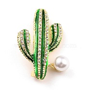 Cactus Alloy Brooch with Resin Pearl, Exquisite Rhinestone Lapel Pin for Girl Women, Golden, Green, 40x26x9.5mm, Pin: 0.8mm(JEWB-O009-02)