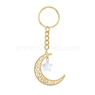 Stainless Steel Hollow Moon Keychains, with Iron Keychain Ring and Star Glass Pendant, Golden, 9.4cm(KEYC-JKC00584-01)
