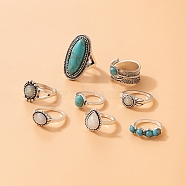 Synthetic Turquoise Finger Rings Set, Gothic Alloy Jewelry for Women, Seashell Color, Inner Diameter: 16~18mm, 1Pc/style, 8Pcs/set(AJEW-PW0005-01C)