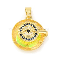 Brass Pendants with Cubic Zirconia and Glass, Electrophoretic Color Preservation, Round Charms, Golden, 23x22x7.5mm, Hole: 4x5mm(KK-D536-21G-03)