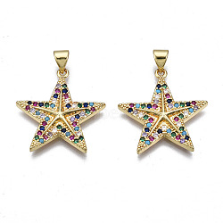 Brass Micro Pave Cubic Zirconia Pendants, Real 16K Gold Plated, Nickel free, Star, Colorful, 24x23x3mm, Hole: 3x5mm(ZIRC-N039-158B-NF)