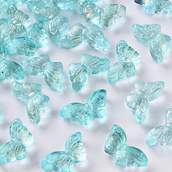 Transparent Spray Painted Glass Beads, with Glitter Powder, Butterfly, Medium Turquoise, 8x15x4.5mm, Hole: 1mm(GLAA-S190-018A-04)