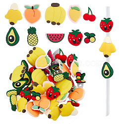 50Pcs 10 Style Fruit Theme PVC Straw Charms, Mixed Color, 15.5~36x15.5~33x2.5~4mm, Hole: 5.5mm, 5pcs/style(FIND-OC0003-01)