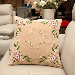 DIY Flower Pattern Pillow Embroidery Kits, Including Pillowcase, Embroidery Thread & Needle, Blanched Almond, 450x450mm(PW-WG76762-12)