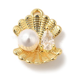 Rack Plating Brass Micro Pave Cubic Zirconia Charms, with ABS Imitation Pearl, Cadmium Free & Lead Free, Long-Lasting Plated, Shell, Real 18K Gold Plated, 14.5x10.5x5.5mm, Hole: 1.2mm(KK-A229-15G)