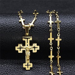 304 Stainless Steel Pendant Necklaces for Women Men, Cross with Jesus Pattern, Golden, 17.56~18.03 inch(44.6~45.8cm)(NJEW-G115-01G)