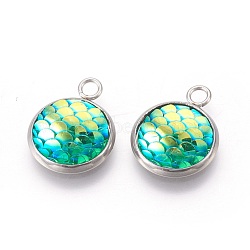 Resin Pendants, with 304 Stainless Steel Finding, Flat Round with Mermaid Fish Scale Shaped, Stainless Steel Color, Spring Green, 18x14x3.5mm, Hole: 2mm(RESI-L024-08)
