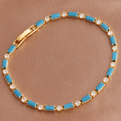 Adjustable Brass Micro Pave Cubic Zirconia Bracelets, Rectangle Link Chain Bracelets for Women, Golden, Deep Sky Blue, 6-3/4 inch(17cm)(WGD60E7-12)