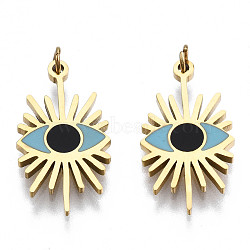 316 Surgical Stainless Steel Enamel Pendants, with Jump Rings, Real 14K Gold Plated, Evil Eye, Sky Blue, 16.5x9x1mm, Jump Ring: 2.7x0.4mm, 1.9mm inner diameter(STAS-S116-331B-G)