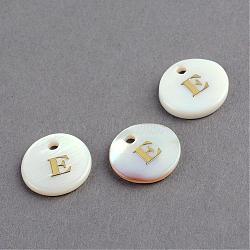 Freshwater Shell Pendants, Flat Round with Gold Blocking Letter.E, 11.5x2mm, Hole: 1.5mm(SSHEL-S249-E)