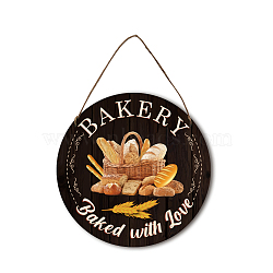 Wooden Hanging Plate Signs, for Bakery Decoration Accessories, with Jute Twine, Flat Round with Word & Bread Pattern, 300x5mm(HJEW-WH0027-026)