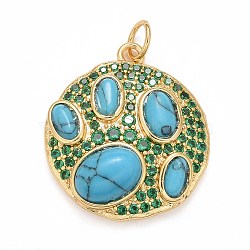 Synthetic Turquoise Pendants, with Rack Plating Brass Micro Pave Green Cubic Zirconia Findings, Long-Lasting Plated, Flat Round, Real 18K Gold Plated, 22x19.5x6mm, Hole: 3.5mm, 5pcs/box(ZIRC-SZ0004-05)