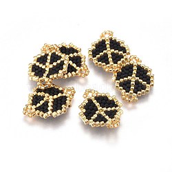 MIYUKI & TOHO Handmade Japanese Seed Beads Links, Loom Pattern, Peace Sign, Black, 20~22x14.5~15.5x1.7mm, Hole: 2mm(SEED-A027-W09)