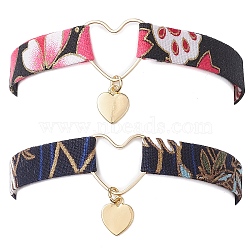 Polyester Anklets, with Brass Heart Charms & Brass Linking Rings, Golden, 8-3/8 inch(21.2cm), 2pcs/set(AJEW-AN00600)