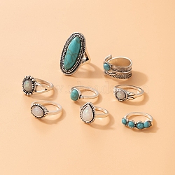 Synthetic Turquoise Finger Rings Set, Gothic Alloy Jewelry for Women, Seashell Color, Inner Diameter: 16~18mm, 1Pc/style, 8Pcs/set(AJEW-PW0005-01C)