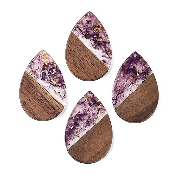 Transparent Resin & Walnut Wood Big Pendants, with Glitter Powder, Teardrop, Indigo, 51.5x33~33.5x3.5mm, Hole: 2mm