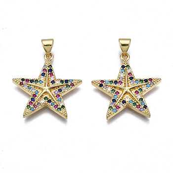 Brass Micro Pave Cubic Zirconia Pendants, Real 16K Gold Plated, Nickel free, Star, Colorful, 24x23x3mm, Hole: 3x5mm