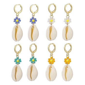 4 Pair 4 Color Natural Cowrie Shell with Glass Seed Flower Dangle Hoop Earrings Set, Golden Brass Wire Wrap Jewelry for Women, Mixed Color, 44mm, Pin: 0.8mm, 1 Pair/color