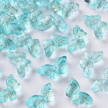 Transparent Spray Painted Glass Beads, with Glitter Powder, Butterfly, Medium Turquoise, 8x15x4.5mm, Hole: 1mm