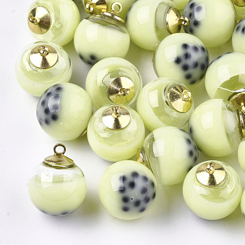 Glass Pendants, with Resin & Brass Findings, Bubble Tea, Round, Light Gold, Green Yellow, 20x16mm, Hole: 1.8mm