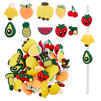 50Pcs 10 Style Fruit Theme PVC Straw Charms, Mixed Color, 15.5~36x15.5~33x2.5~4mm, Hole: 5.5mm, 5pcs/style