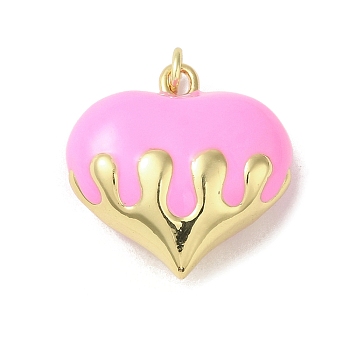 Rack Plating Brass Enamel Pendants, with Jump Ring, Long-Lasting Plated, Lead Free & Cadmium Free, Real 18K Gold Plated, Heart Charm, Pearl Pink, 20.5x20.5x10.5mm, Hole: 3mm