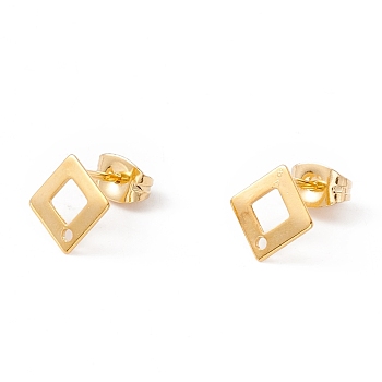 201 Stainless Steel Stud Earring Findings with Hole, 304 Stainless Steel Pins and Ear Nuts, Rhombus, Real 24K Gold Plated, 9.5x9.5mm, Hole: 1mm, Pin: 0.8mm