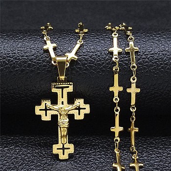 304 Stainless Steel Pendant Necklaces for Women Men, Cross with Jesus Pattern, Golden, 17.56~18.03 inch(44.6~45.8cm)