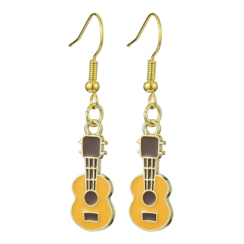 Golden Alloy Enamel Dangle Earrings, Guitar, Gold, 43x9.5mm