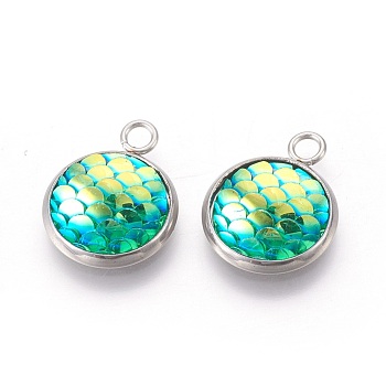 Resin Pendants, with 304 Stainless Steel Finding, Flat Round with Mermaid Fish Scale Shaped, Stainless Steel Color, Spring Green, 18x14x3.5mm, Hole: 2mm