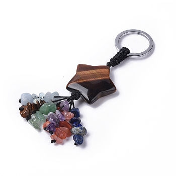 Tiger Eye Star with Mixed Gemstone Chips Beaded Tassel Keychains, with 304 Stainless Steel Ring Clasps, 9.5~10cm
