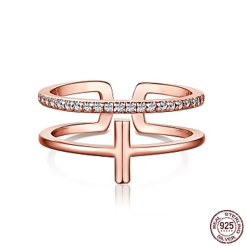925 Sterling Silver Cross Open Cuff Rings with Cubic Zirconia, with S925 Stamp, Rose Gold, 8.3mm, US Size 7(17.3mm)