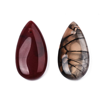 Natural Dragon Veins Agate Pendants, Dyed & Heated, Teardrop Charm, Dark Red, 29x15x5.5mm, Hole: 1.6mm