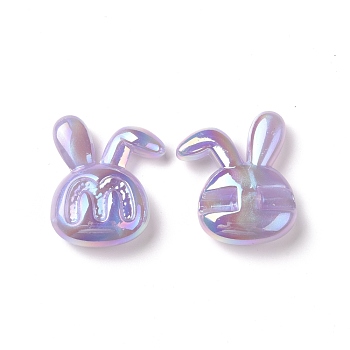Opaque Acrylic Beads, AB Color Plated, Rabbit with Letter M Pattern, Medium Purple, 41x33x11.5mm, Hole: 3.2mm