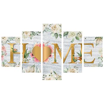 Cloth Painting Hanging Wall Decorations, for Home Decoration, Rectangle with Word HOME, Flower Pattern, 40x25cm, 5style/set