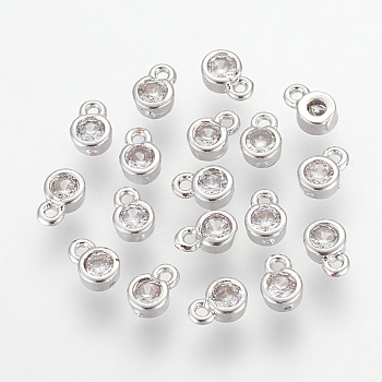 Brass Cubic Zirconia Charms, Flat Round, Platinum, 6x4x2mm, Hole: 1mm