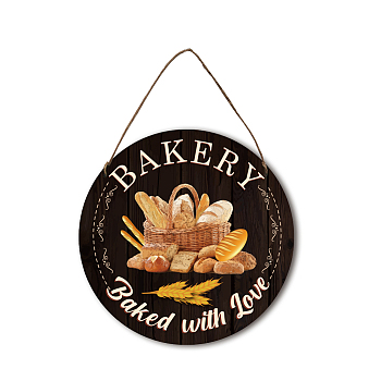 Wooden Hanging Plate Signs, for Bakery Decoration Accessories, with Jute Twine, Flat Round with Word & Bread Pattern, 300x5mm