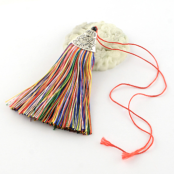 Polyester Tassel Pendant Decorations with Antique Silver CCB Plastic Findings, Colorful, 80x20x11mm