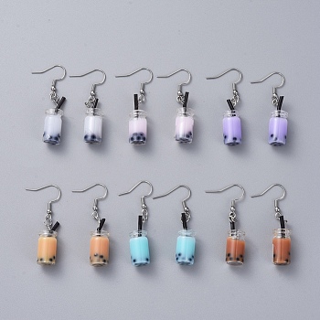 Glass Imitation Bubble Tea Bottle Dangle Earrings, with 304 Stainless Steel Earring Hooks, Mixed Color, 47.5mm, Pin: 0.7mm